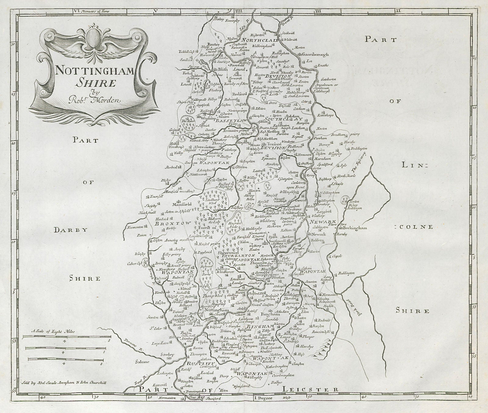 NOTTINGHAMSHIRE from Camden's Britannia by ROBERT MORDEN 1722 old antique map